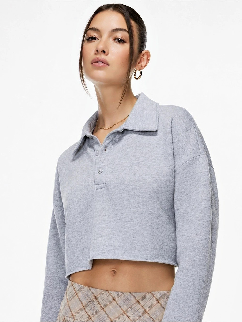 ARITZIA Sunday Best Cotton Fleece Cropped Polo Sweatshirt - Gray SIZE SMALL